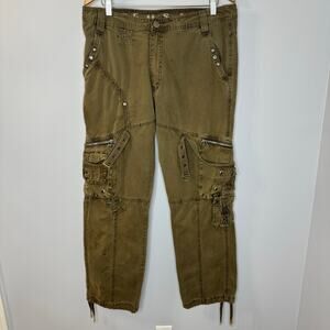 FUSAI Vtg Y2K Baggy Bondage Cargo Multipocket Pants Green Sz 34x30